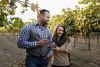 Two people standing together in a vineyard, holding wine glasses and smiling